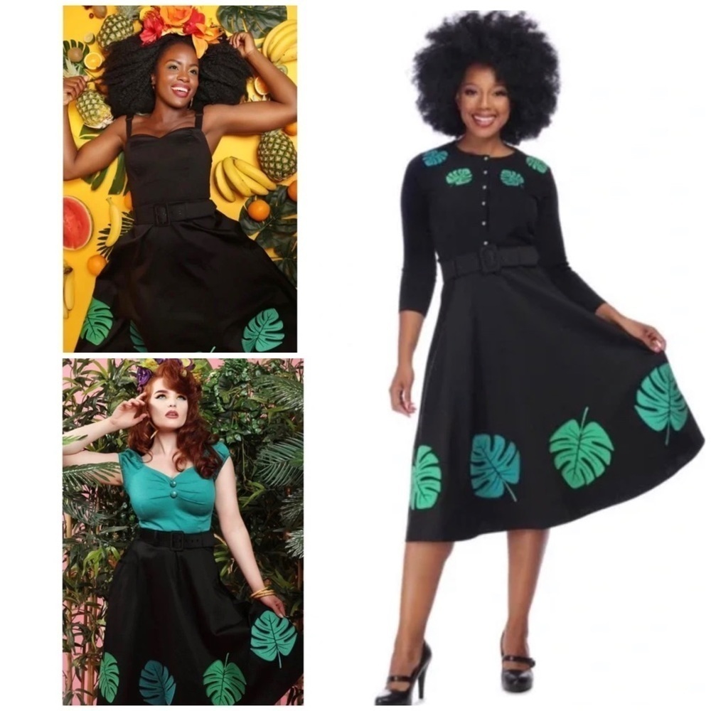 NWT ModCloth Collectif Monstera Leaf Appliqué Leaves Black Belted Midi Skirt S